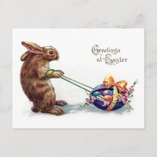 Vintage Rabbit Pulling Easter Egg Holiday Postcard