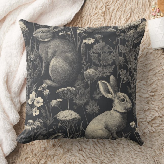 Vintage Rabbit Toile Black Botanical Pattern Cushion (Blanket)