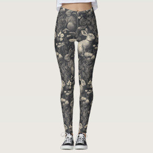 Vintage Rabbit Toile Black Botanical Pattern Leggings