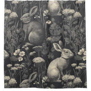 Vintage Rabbit Toile Black Botanical Pattern Shower Curtain