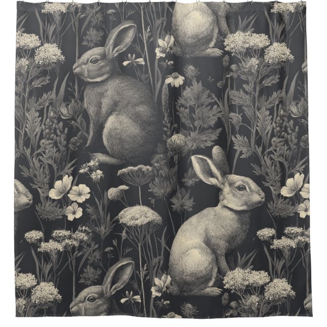 Vintage Rabbit Toile Black Botanical Pattern Shower Curtain (Front)
