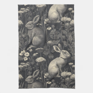 Vintage Rabbit Toile Black Botanical Pattern Tea Towel