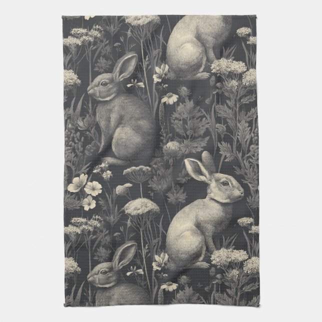 Vintage Rabbit Toile Black Botanical Pattern Tea Towel (Vertical)