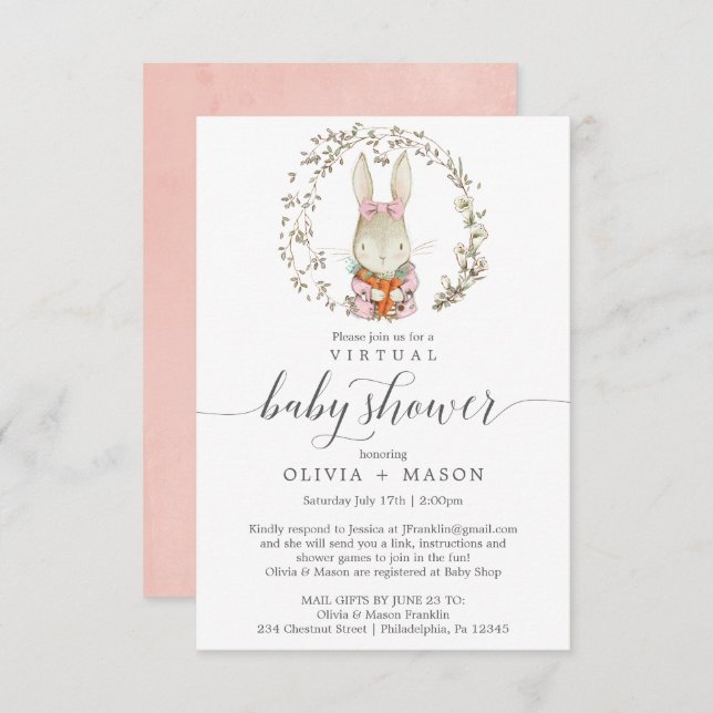 Vintage Rabbit Virtual Baby Shower Invitation Card (Front/Back)