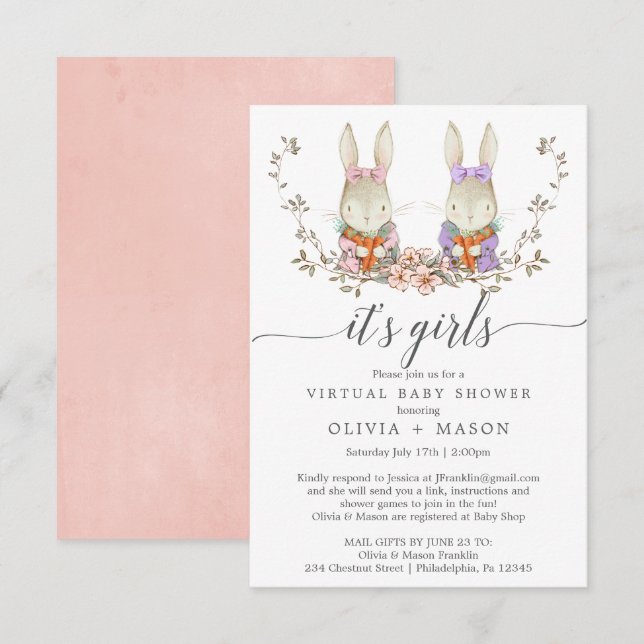 Vintage Rabbit Virtual Baby Shower Invitation Twin (Front/Back)