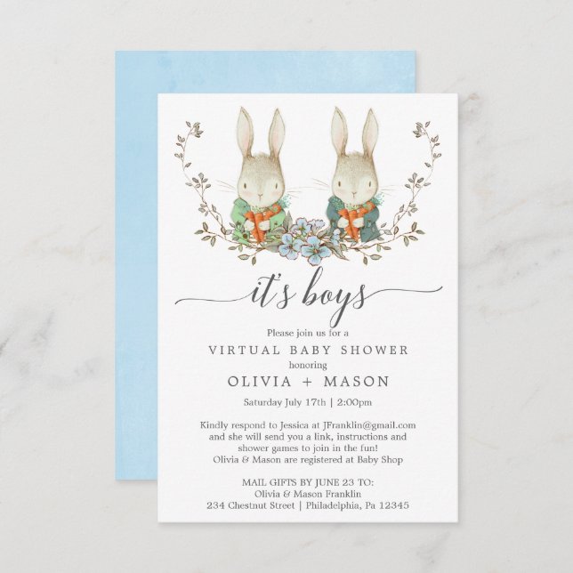 Vintage Rabbit Virtual Baby Shower Invitation Twin (Front/Back)