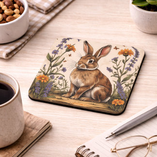 Vintage Rabbit with Wildflowers Coaster