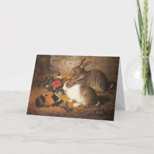 Vintage Rabbits and Guinea Pig with Flowers Easter Holiday Card