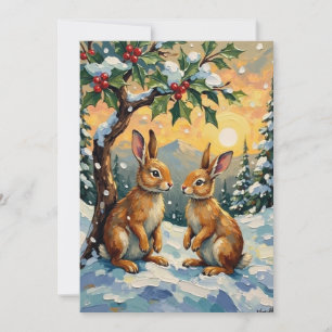 Vintage Rabbits Beneath the Holly Tree Christmas Holiday Card