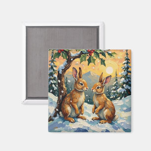 Vintage Rabbits Beneath the Holly Tree Christmas Magnet