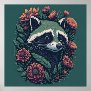 Vintage Raccoon Green Flora. Poster