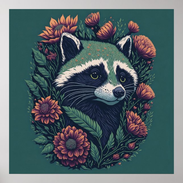Vintage Raccoon Green Flora.  Poster (Front)