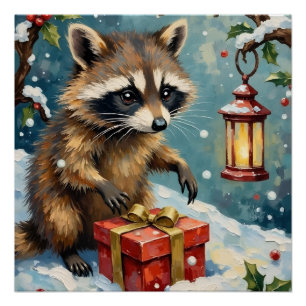 Vintage Raccoon Opening Christmas Gift Box Art Poster