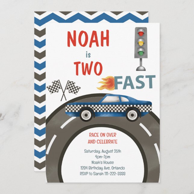 Vintage Race Car Blue 2nd Birthday Invitation (Front/Back)