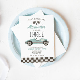 Vintage Race Car blue Third Birthday Invitation