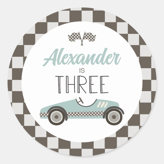 Vintage Race Car Three Birthday Classic Round Sticker (Front)