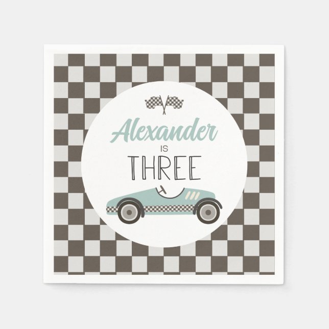 Vintage Race Car Three Birthday Napkin (Front)