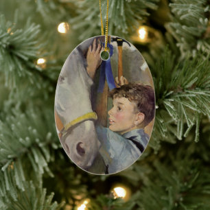 Vintage Race Horse, Blue Ribbon Winner with a Boy Ceramic Ornament