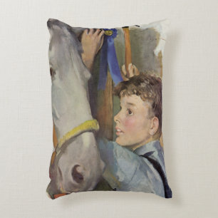 Vintage Race Horse, Blue Ribbon Winner with a Boy Decorative Cushion