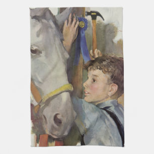 Vintage Race Horse, Blue Ribbon Winner with a Boy Tea Towel