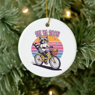 Vintage Racoon Biking See Ya Soon Retro Sunset Ceramic Ornament