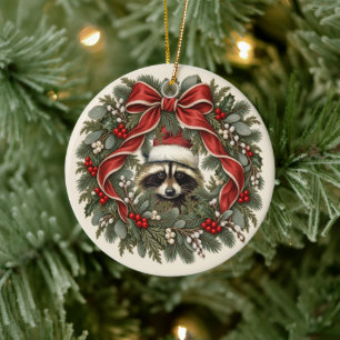 Vintage Racoon Christmas Wreath Ceramic Ornament