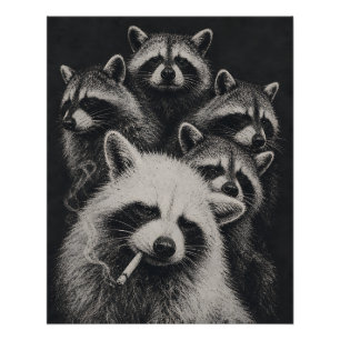 Vintage Racoon Family Black and White Poster