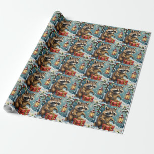 Vintage Racoon Opening Christmas Gift Box Art Wrapping Paper