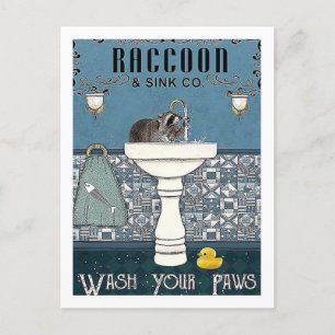 Vintage Racoon Wash Your Hands Sink Postcard