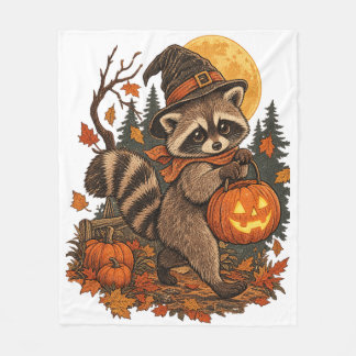 Vintage Racoon Witch Halloween Pumpkin Fall Autum Fleece Blanket