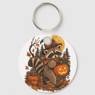Vintage Racoon Witch Halloween Pumpkin Fall Autum Key Ring