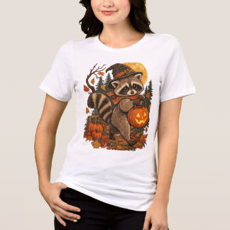 Vintage Racoon Witch Halloween Pumpkin Fall Autum Tri-Blend Shirt