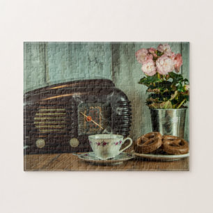 Vintage Radio Teacup Chocolate Doughnuts Still Lif Jigsaw Puzzle