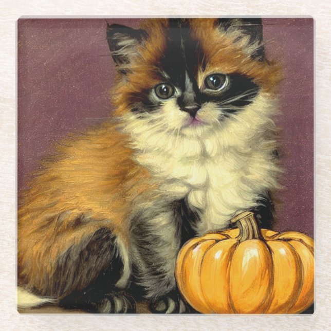 Vintage Ragdoll Halloween Cat Glass Coaster (Front)