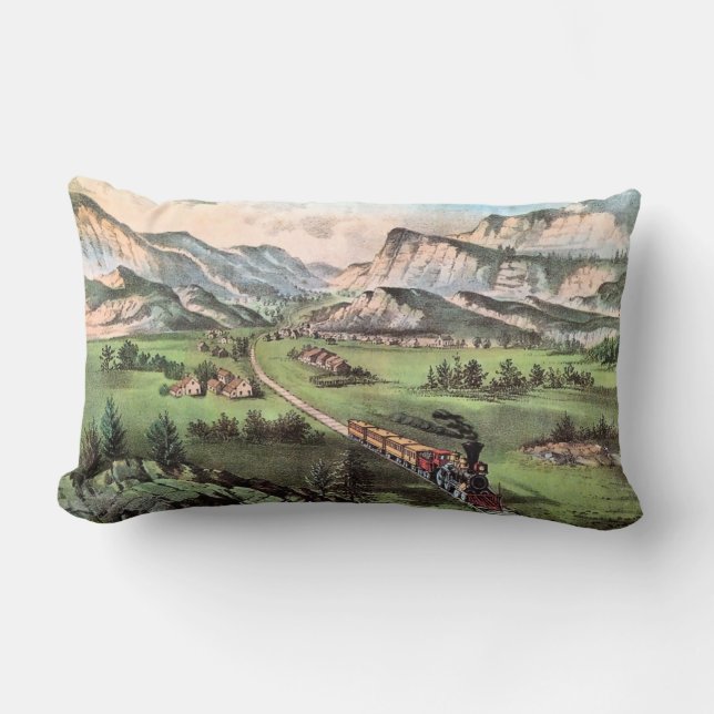 Vintage Railroad Train Crossing the Plains Lumbar Cushion (Front)