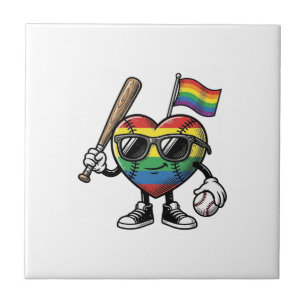 Vintage Rainbow Heart Baseball Pride Shirt Design_ Ceramic Tile