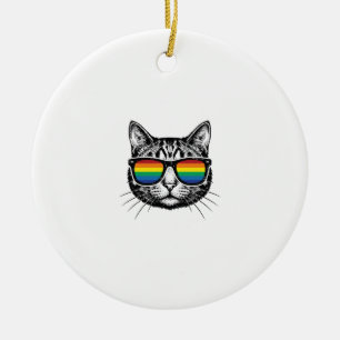 Vintage Rainbow Sunglasses Cat Pride Shirt Design_ Ceramic Ornament