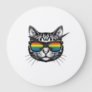 Vintage Rainbow Sunglasses Cat Pride Shirt Design_ Large Clock