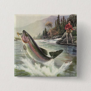 Vintage Rainbow Trout Fish, Fisherman Fishing 15 Cm Square Badge
