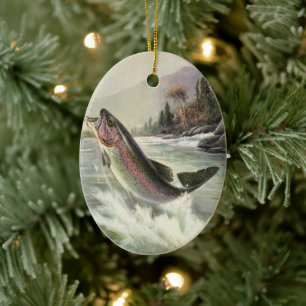 Vintage Rainbow Trout Fish, Fisherman Fishing Ceramic Tree Decoration