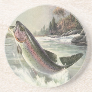 Vintage Rainbow Trout Fish, Fisherman Fishing Coaster