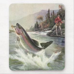 Vintage Rainbow Trout Fish, Fisherman Fishing Mouse Pad