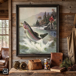 Vintage Rainbow Trout Fish, Fisherman Fishing Poster