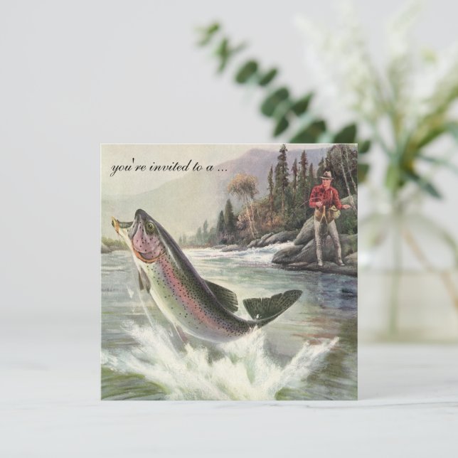 Vintage Rainbow Trout Fish Fishing Retirement Invitation (Standing Front)