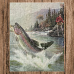 Vintage Rainbow Trout Fisherman Fishing for Fish Jigsaw Puzzle<br><div class="desc">Vintage illustration sports design featuring a fisherman fishing in a river. A rainbow trout is splashing and jumping out of the water.</div>