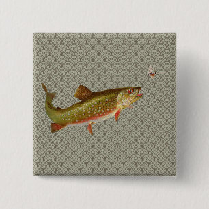 Vintage rainbow trout fly fishing illustration art 15 cm square badge