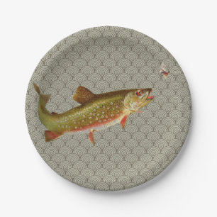 Vintage Rainbow Trout Fly Fishing Paper Plate