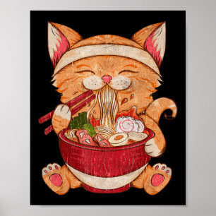 Vintage Ramen Cat Japanese Food Kawaii Anime Girls Poster