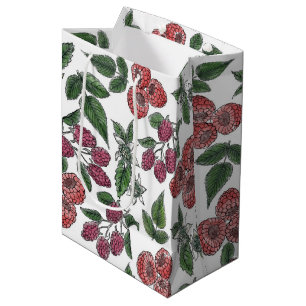 Vintage Raspberry Leaves Illustration Pattern Medium Gift Bag