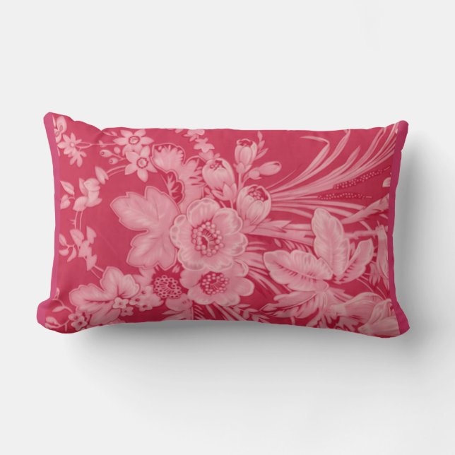 Vintage Raspberry Red Floral Lumbar Cushion (Front)
